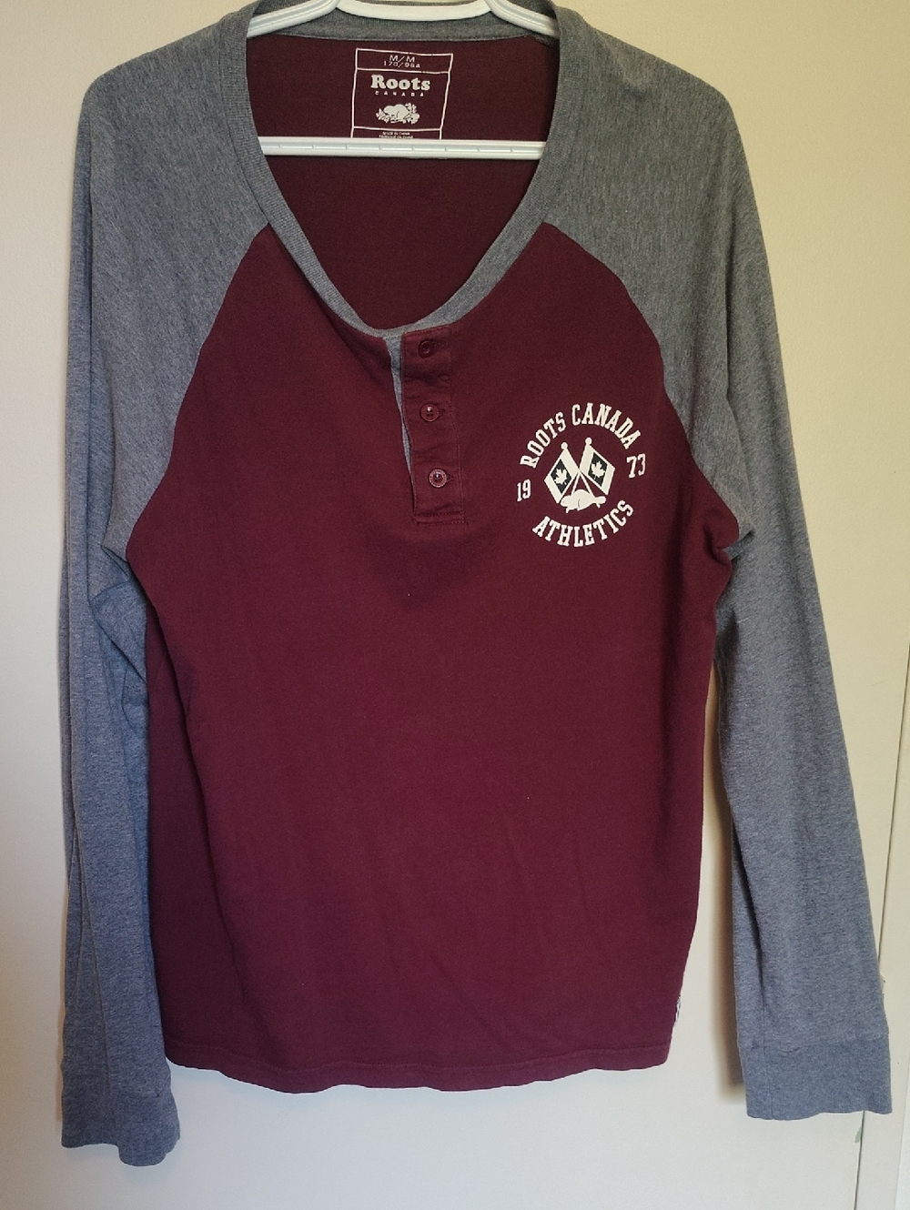 Roots Burgundy and Grey Long-Sleeve Henley Top